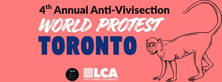 Protesters holding signs at the 4th Annual Anti-Vivisection World Protest in Toronto, advocating for animal rights and ending animal testing.