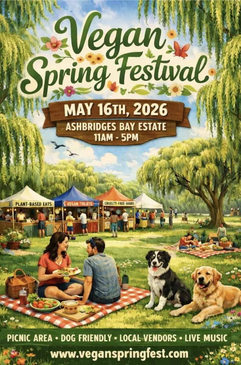 Vibrant scene at the Vegan Spring Festival featuring families, dogs, and vendors in a lush park setting with food stalls and live music.