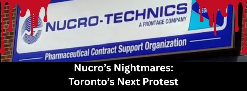 Protest against Nucro-Technics in Toronto highlighting animal rights concerns. Activists rally to oppose unethical pharmaceutical practices affecting animals.