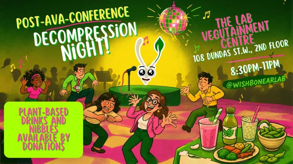 Animal rights and vegan advocacy event poster with animated characters enjoying plant-based drinks and snacks at a community gathering.