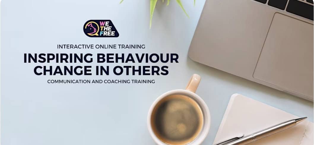 Enhancing behaviour change in others through online communication and coaching training, featuring a laptop, coffee cup, and notepad on a clean workspace.