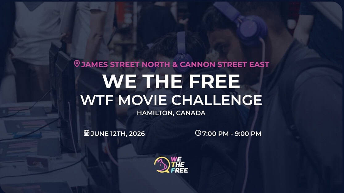 Event poster for "We The Free WTF Movie Challenge" in Hamilton, Canada, featuring date, time, and location details, promoting animal rights awareness and community engagement.