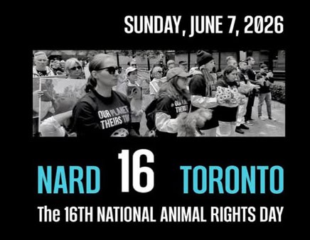 Group of diverse activists holding signs during the 16th National Animal Rights Day in Toronto, advocating for animal rights and protection.
