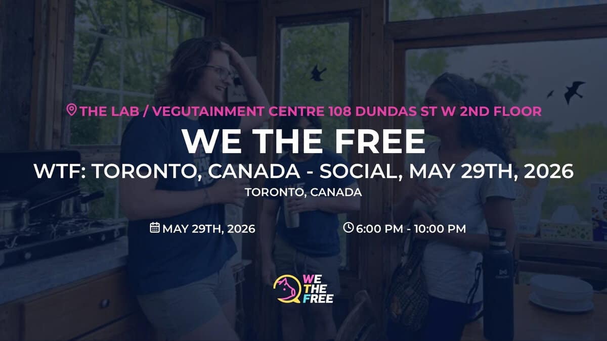 Group of diverse people at Animal Rights Toronto event in a kitchen, promoting veganism and animal rights awareness on May 29, 2026.
