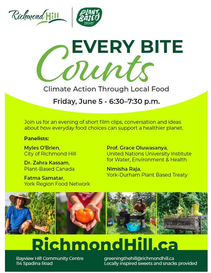 Richmond Hill climate action event promoting local food and plant-based diets, featuring panelists and activities on June 5 from 6:30 to 7:30 p.m.