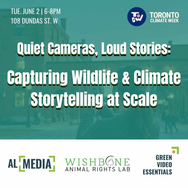 Wildlife and climate storytelling event in Toronto focusing on capturing nature's stories through quiet cameras at scale.