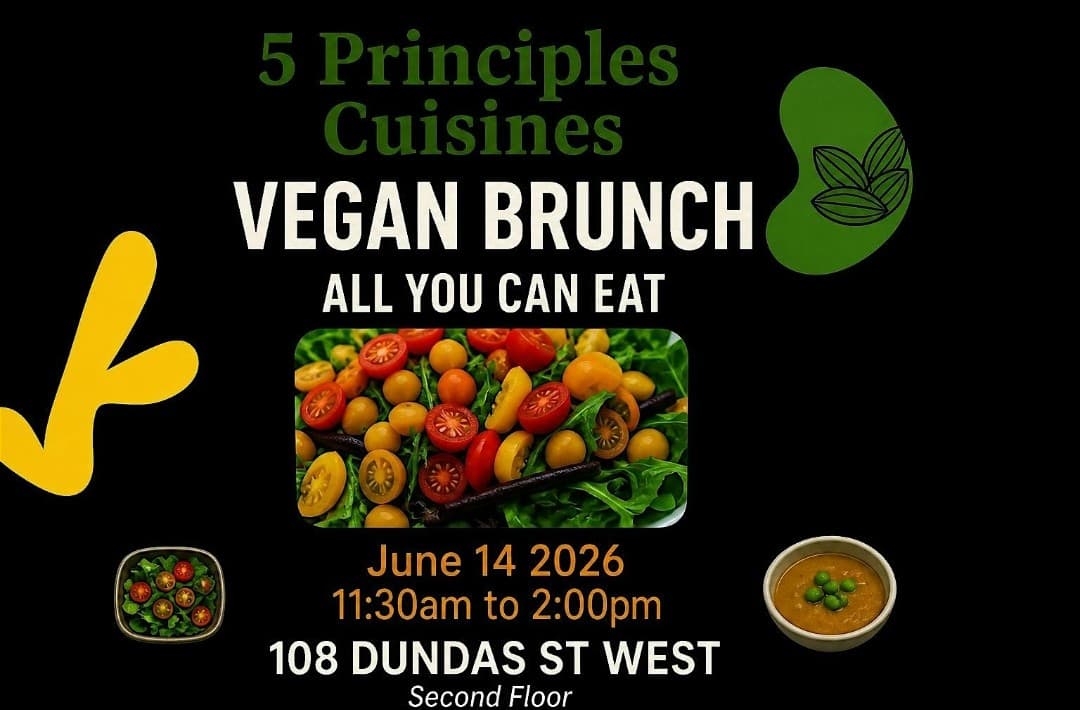 Vegan brunch event poster featuring colorful cherry tomatoes, greens, and soups, promoting animal rights and plant-based eating on June 14, 2026, in Toronto.