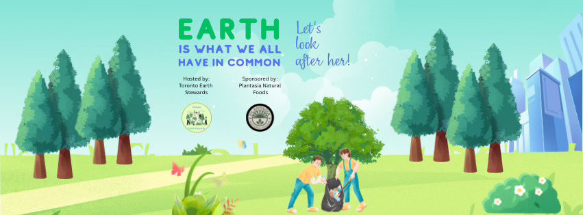 Earth Day celebration banner showing diverse people planting trees and caring for the environment in a park setting.