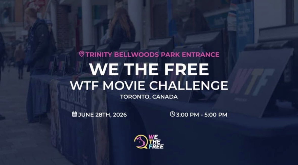 Event poster for 'We The Free' at Trinity Bellwoods Park, Toronto, featuring the date June 28th, 2026, and time 3:00 PM to 5:00 PM, promoting an outdoor movie challenge.