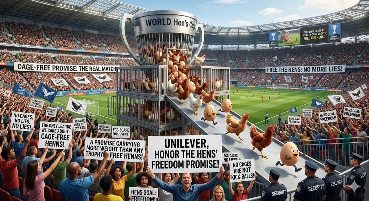 Animal rights activists protesting at a stadium, holding signs advocating for cage-free hens and animal freedom, with a large trophy and crowd in the background.