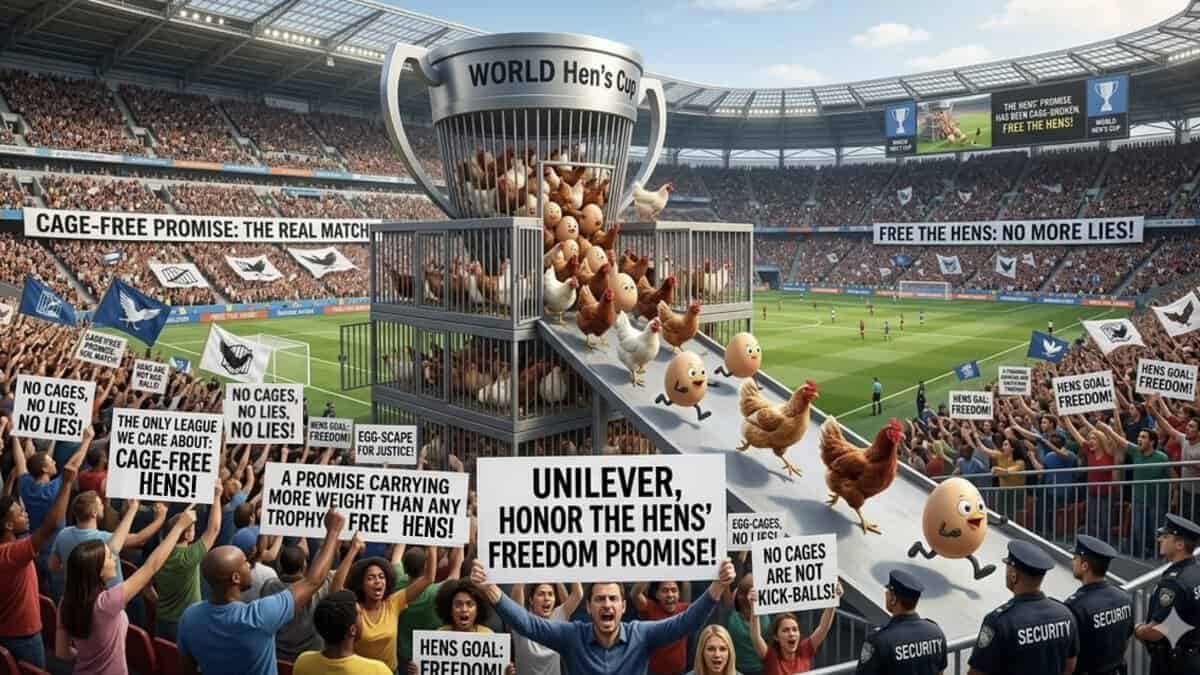 Protest advocating for hen freedom held at a large stadium, featuring a giant trophy with chickens and signs promoting cage-free hens and animal rights.