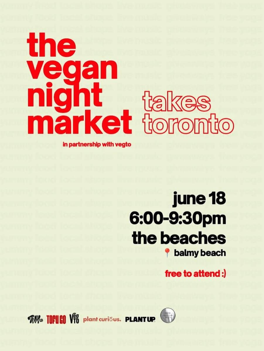 Event poster for the Vegan Night Market in Toronto, featuring details about the date, time, location at The Beaches, and free admission, promoting plant-based food and community.