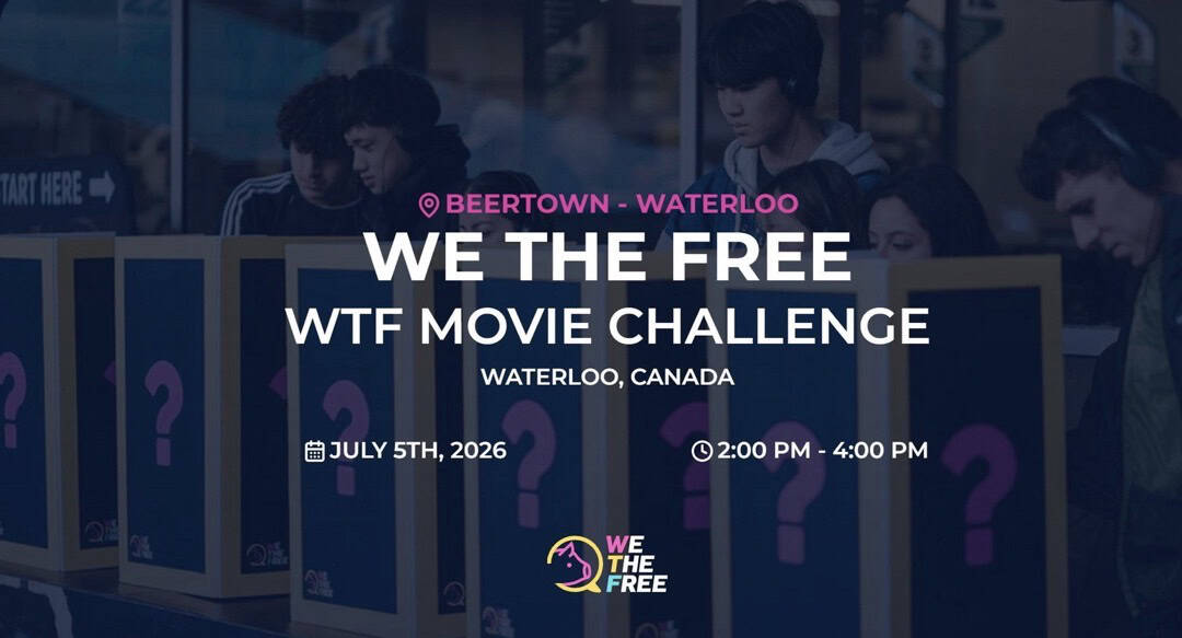Promotional poster for 'We The Free' 3-minute movie challenge in Waterloo, Canada, featuring a group of young people at a voting station.