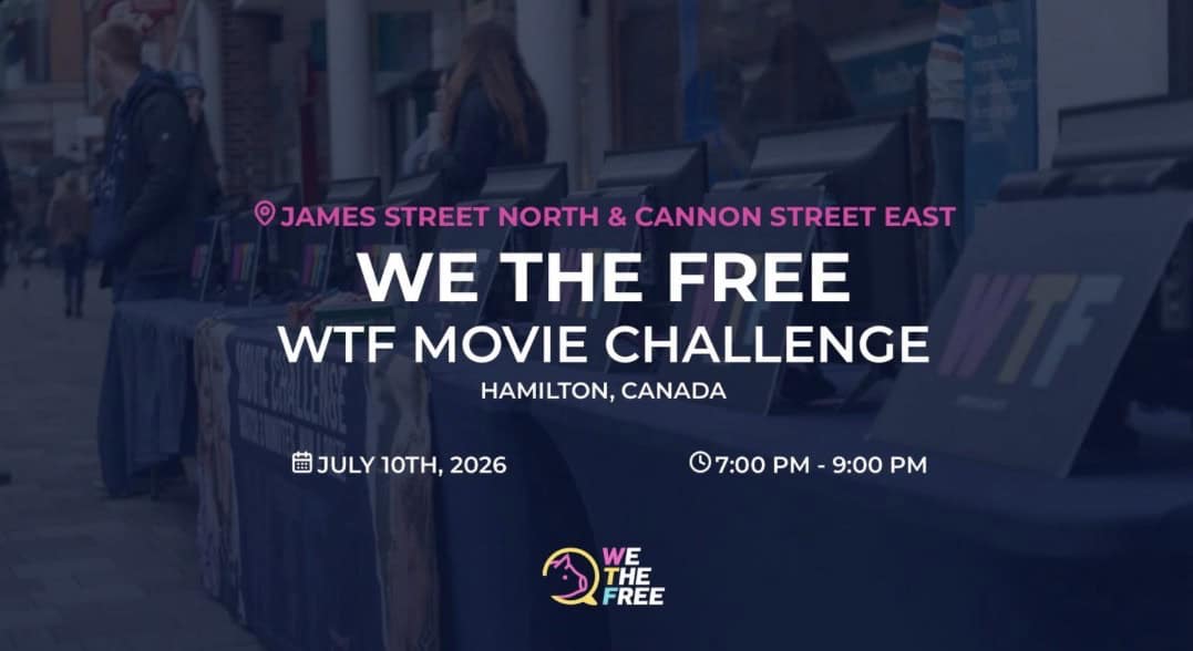 Event poster for 'We The Free' 3-minute movie challenge in Hamilton, Canada, on July 10th, 2026, from 7 to 9 pm, promoting animal rights awareness.