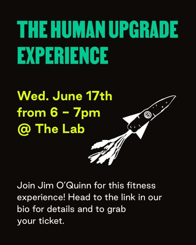 A detailed, eco-friendly rocket illustration promoting "The Human Upgrade Experience" event on June 17th at The Lab, emphasizing community engagement and innovative activities.