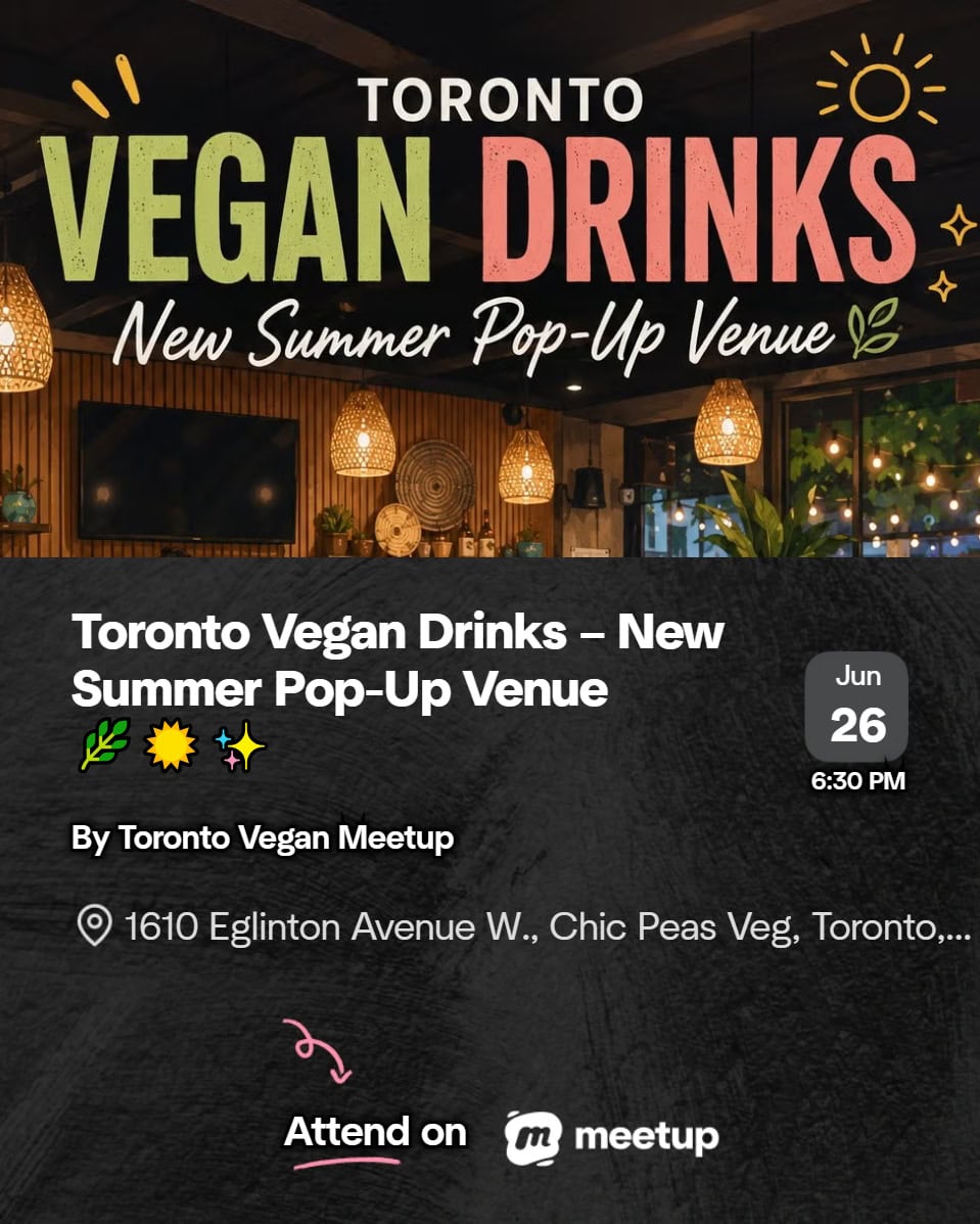 Toronto Vegan Drinks summer pop-up venue with outdoor seating and string lights, promoting animal rights and vegan community events.