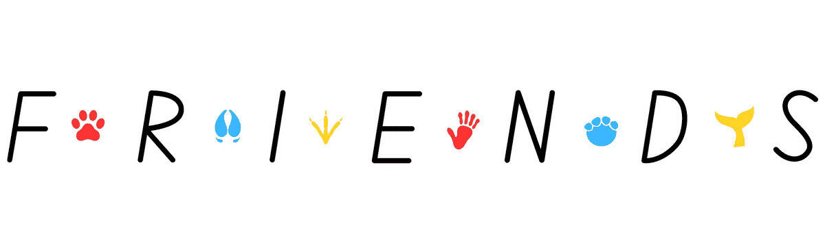 Illustration of the word 'FRIENDS' with animal paw prints and symbols replacing some letters, promoting animal rights and friendship.