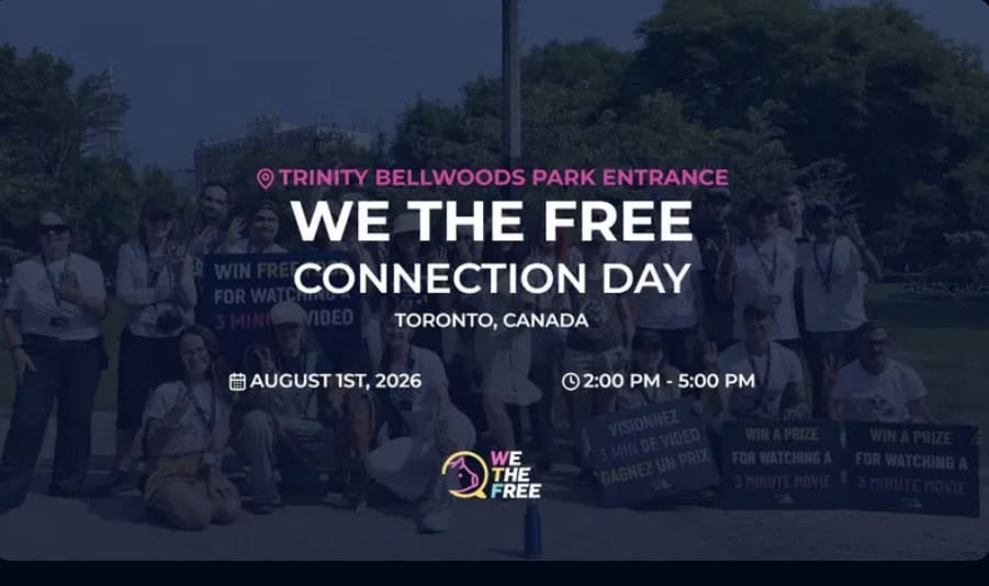 Group of people gathered at Trinity Bellwoods Park entrance for We The Free Connection Day in Toronto, Canada, on August 1st, 2026.