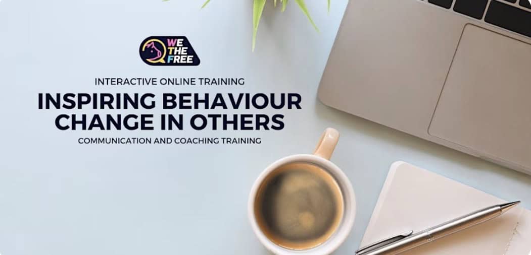 Online training session on inspiring behaviour change with a laptop, coffee, and notebook on a desk.