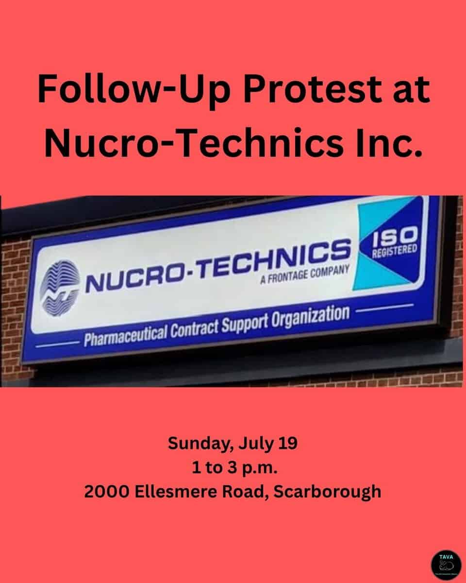 Protest sign outside Nucro-Technics Inc. during follow-up protest on July 19 in Scarborough.