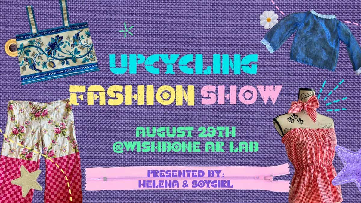 Fashion items and accessories displayed at the Upcycling Fashion Show, promoting sustainable and cruelty-free fashion choices.