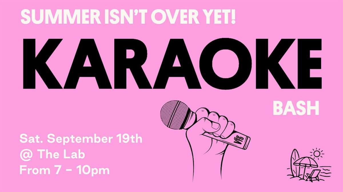 A vibrant pink poster promoting Karaoke Bash at The Lab on September 19, featuring a hand holding a microphone and a small animal illustration.